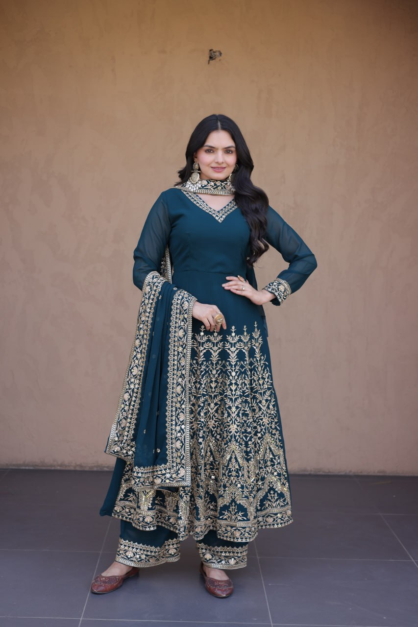 Embroidered Multi-Sequin Gown Pant Dupatta Set for Festive & Wedding Wear
