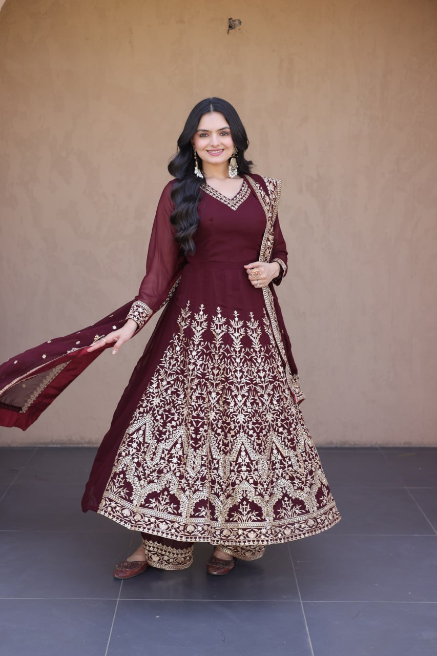 Embroidered Multi-Sequin Gown Pant Dupatta Set for Festive & Wedding Wear