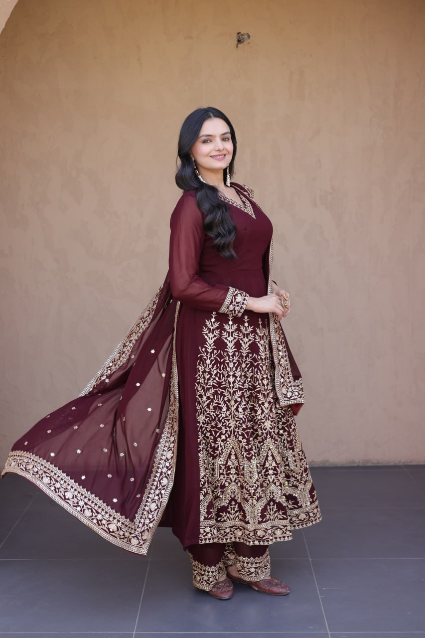 Embroidered Multi-Sequin Gown Pant Dupatta Set for Festive & Wedding Wear