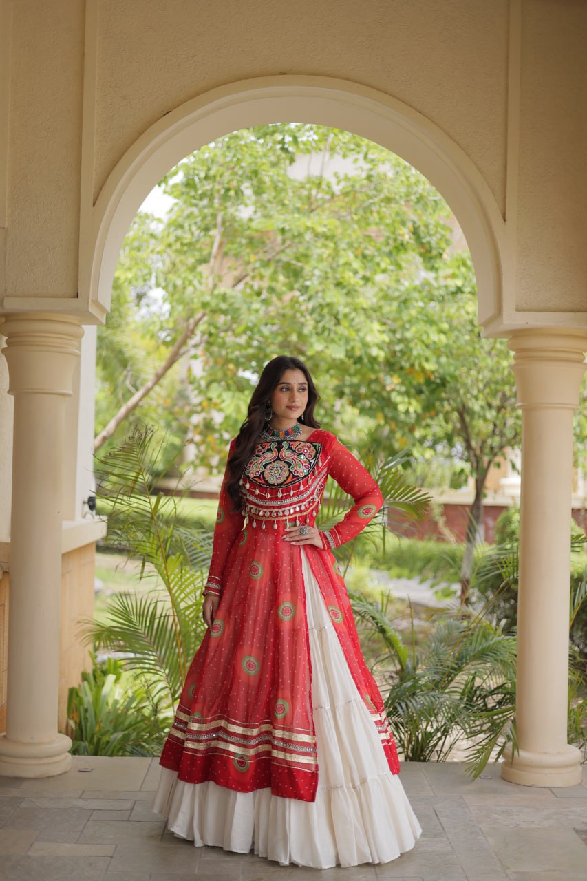 Festive Garba Bandhani Kurti with Kutchi Patchwork & Full Flared Cotton Lehenga