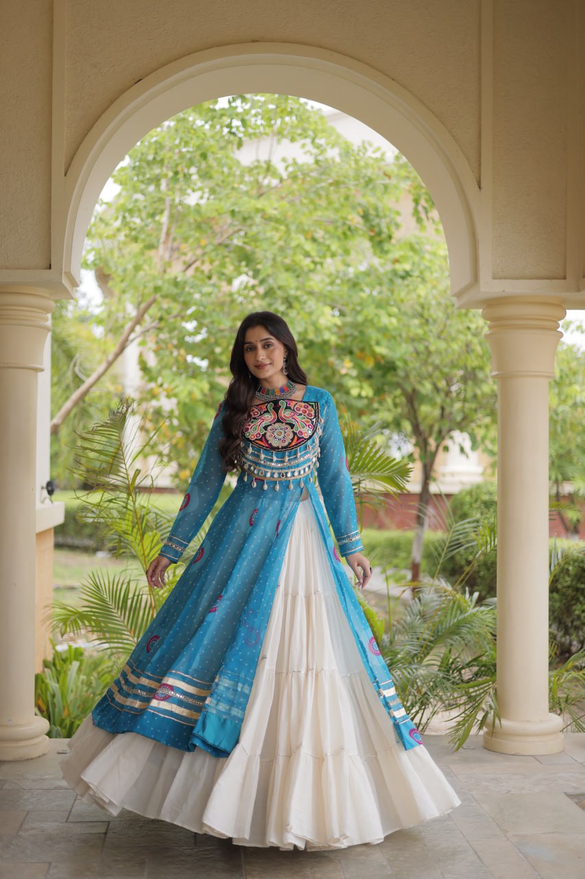 Festive Garba Bandhani Kurti with Kutchi Patchwork & Full Flared Cotton Lehenga