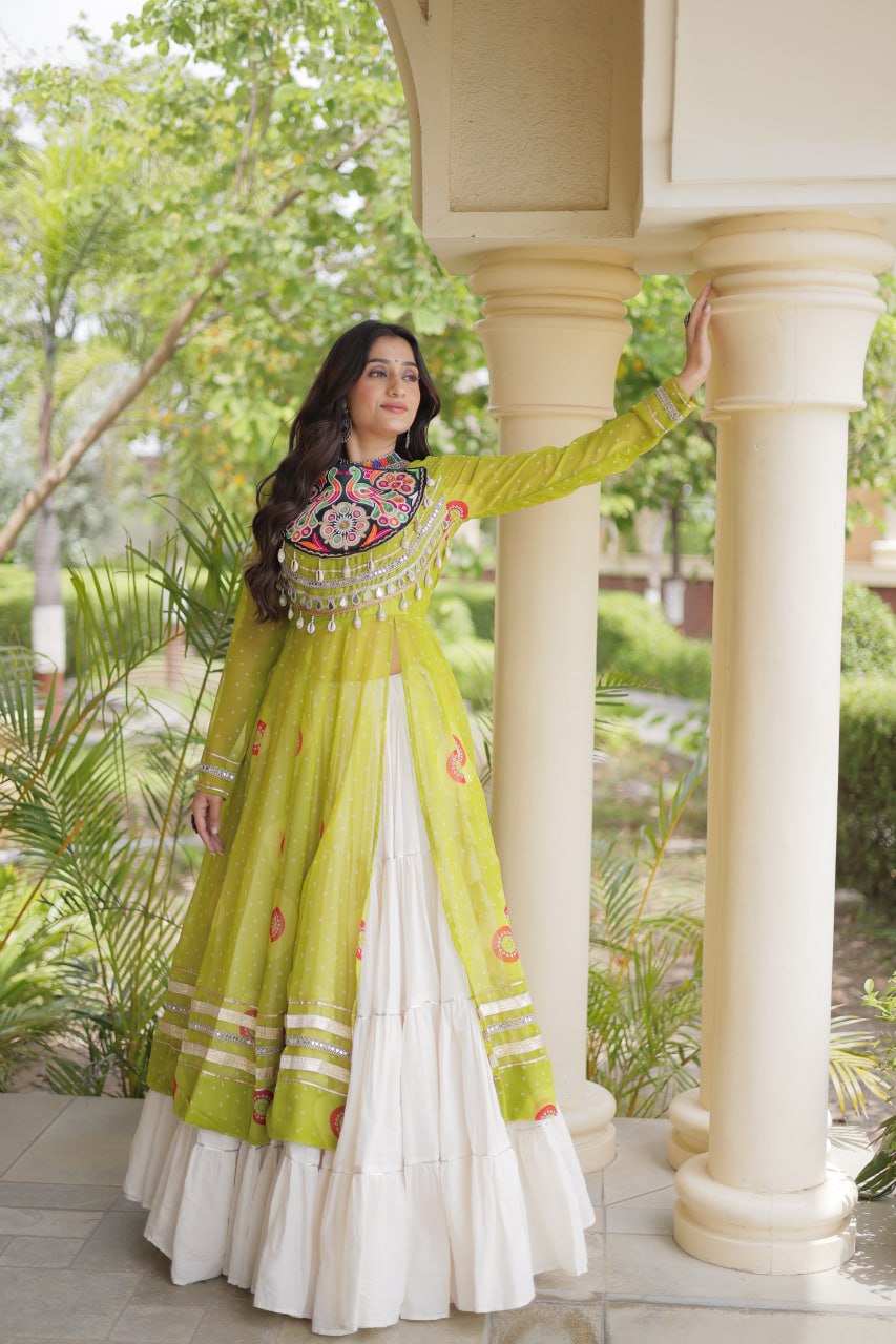 Festive Garba Bandhani Kurti with Kutchi Patchwork & Full Flared Cotton Lehenga