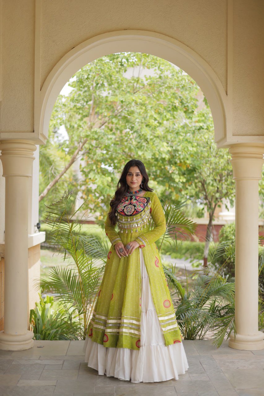 Festive Garba Bandhani Kurti with Kutchi Patchwork & Full Flared Cotton Lehenga