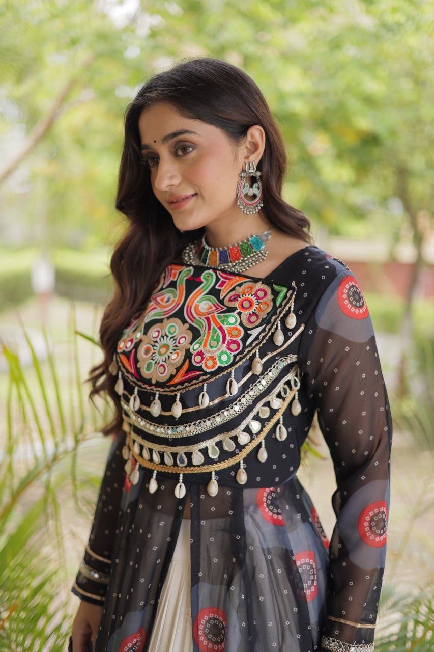 Festive Garba Bandhani Kurti with Kutchi Patchwork & Full Flared Cotton Lehenga