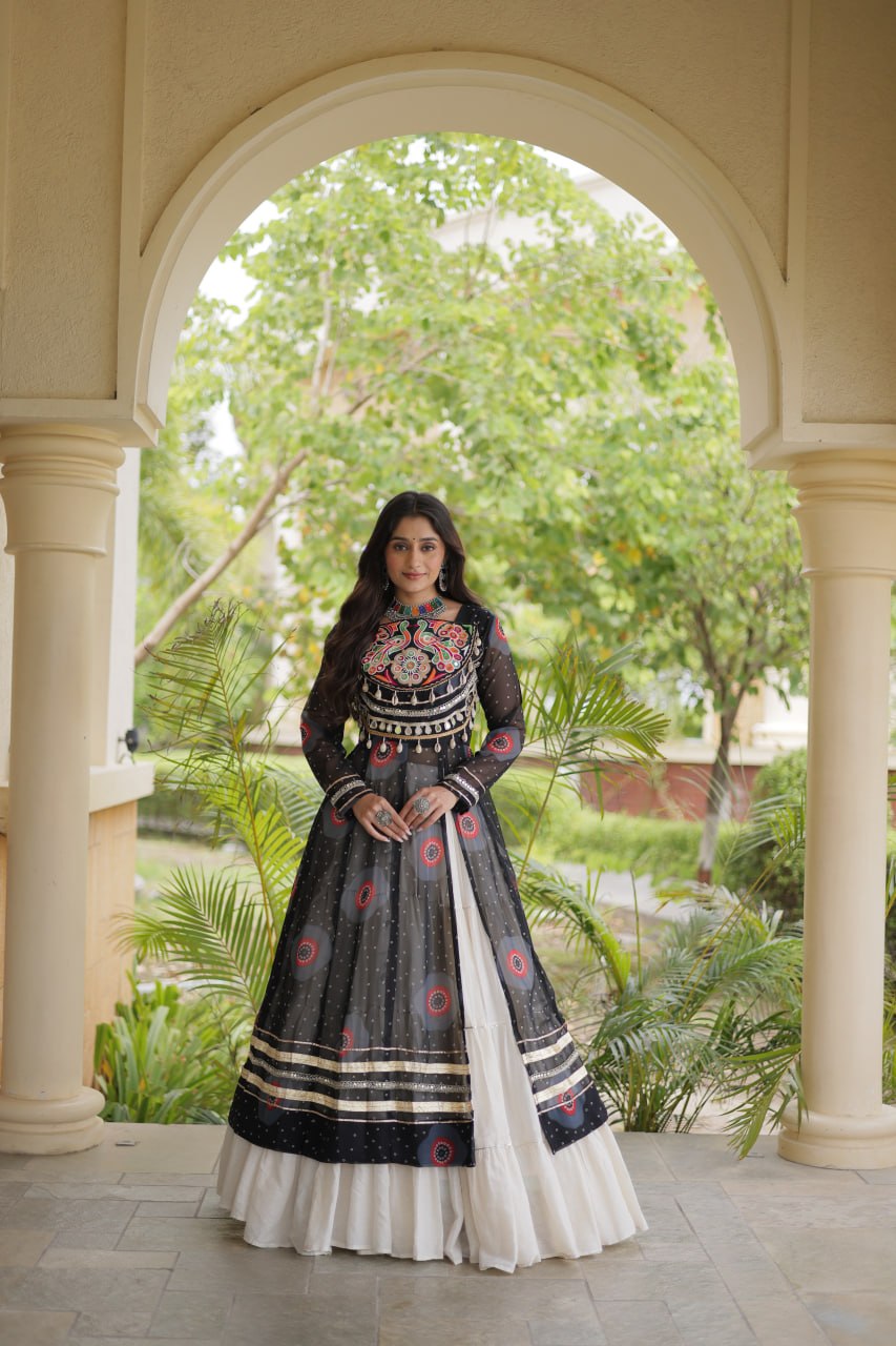 Festive Garba Bandhani Kurti with Kutchi Patchwork & Full Flared Cotton Lehenga