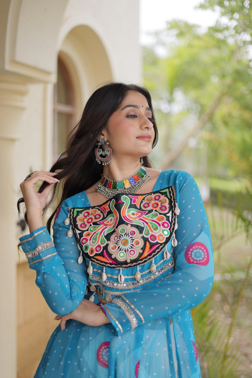 Festive Garba Bandhani Kurti with Kutchi Patchwork & Full Flared Cotton Lehenga