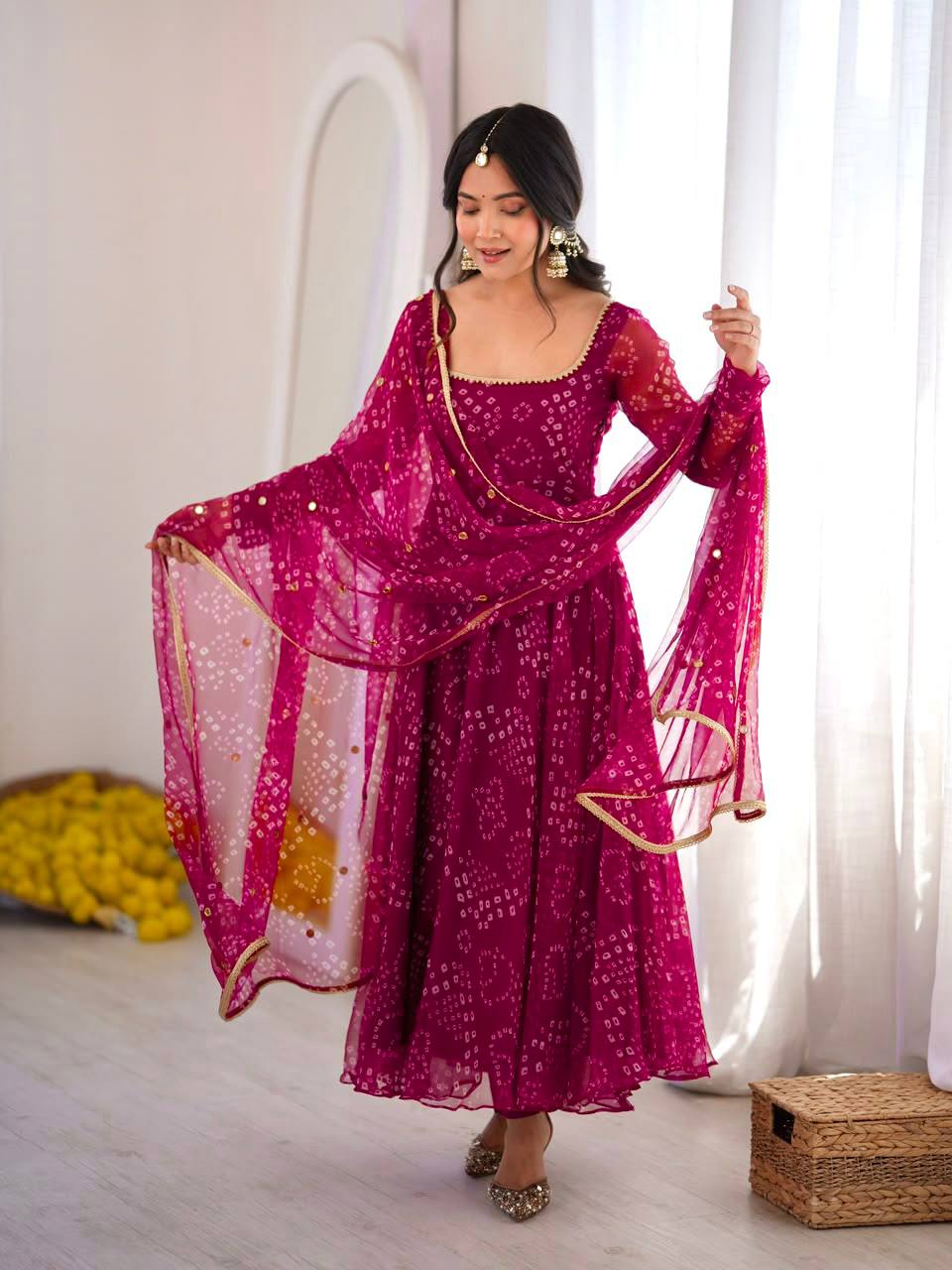 Festive Bandhani Print Anarkali Suit Set with Mirror Work Dupatta – Diwali & Wedding Wear