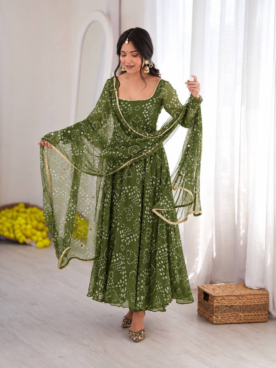 Festive Bandhani Print Anarkali Suit Set with Mirror Work Dupatta – Diwali & Wedding Wear