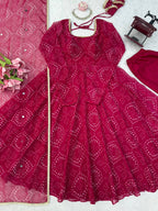 Festive Bandhani Print Anarkali Suit Set with Mirror Work Dupatta – Diwali & Wedding Wear
