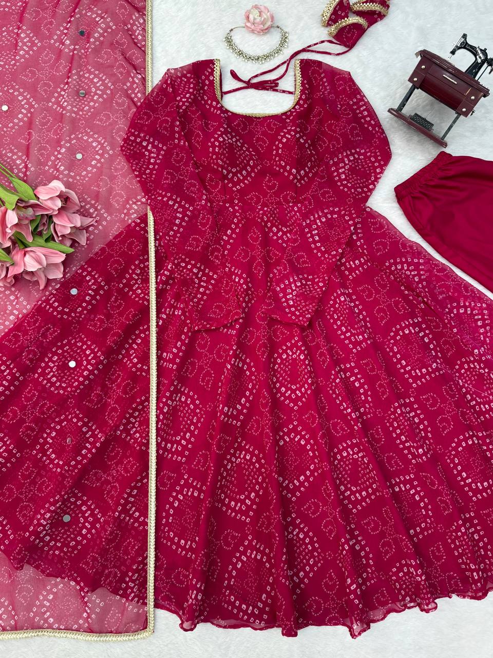 Festive Bandhani Print Anarkali Suit Set with Mirror Work Dupatta – Diwali & Wedding Wear