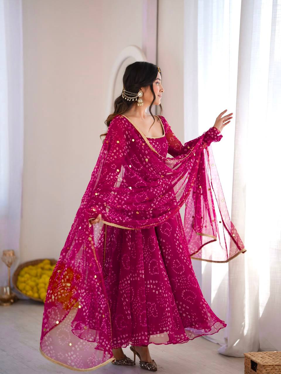 Festive Bandhani Print Anarkali Suit Set with Mirror Work Dupatta – Diwali & Wedding Wear
