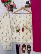 Kids Off-White Cameric Cotton Kurti Farshi Slawar Suit | Ages 6 Months–15 Years