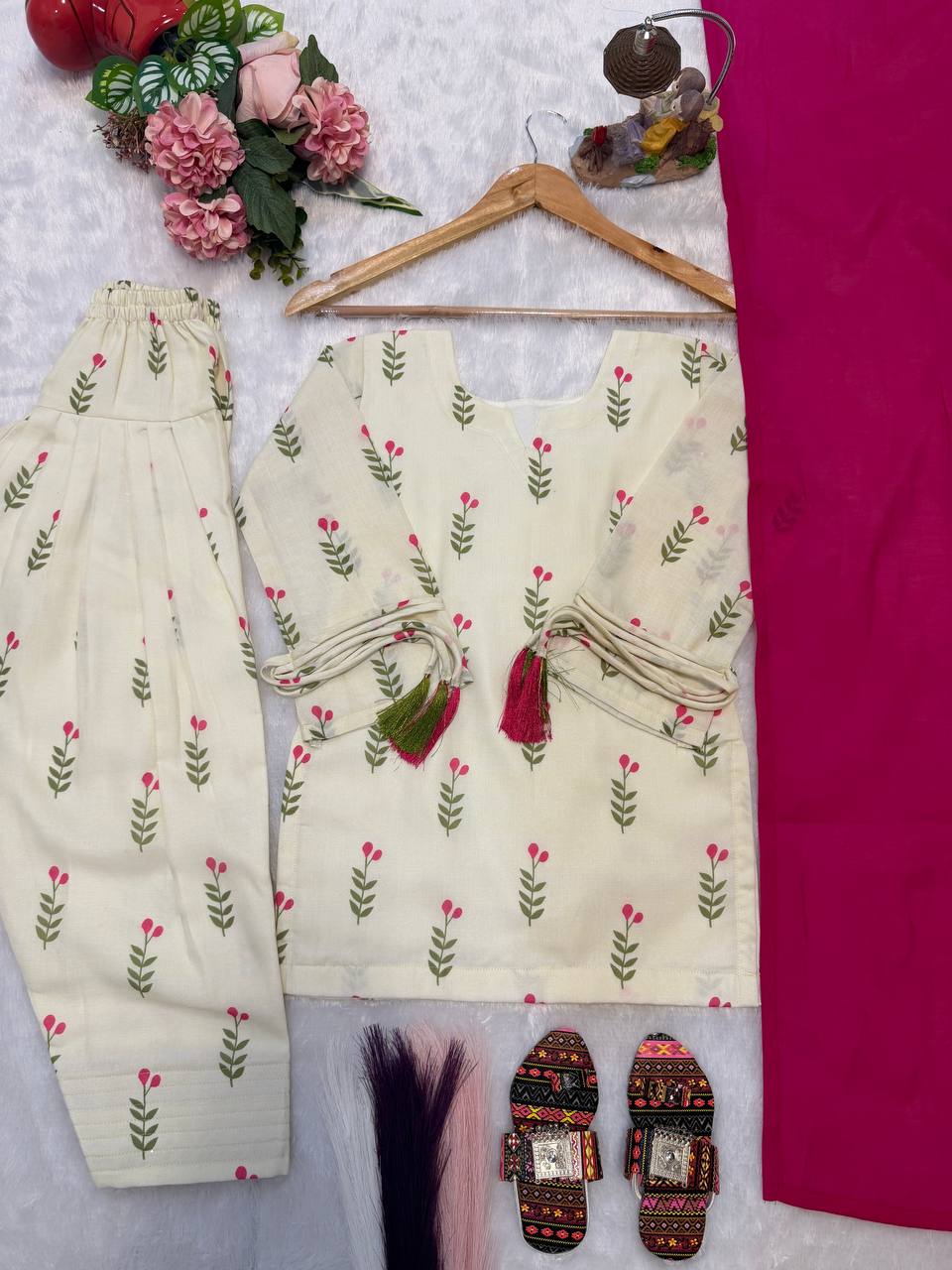 Kids Off-White Cameric Cotton Kurti Farshi Slawar Suit | Ages 6 Months–15 Years