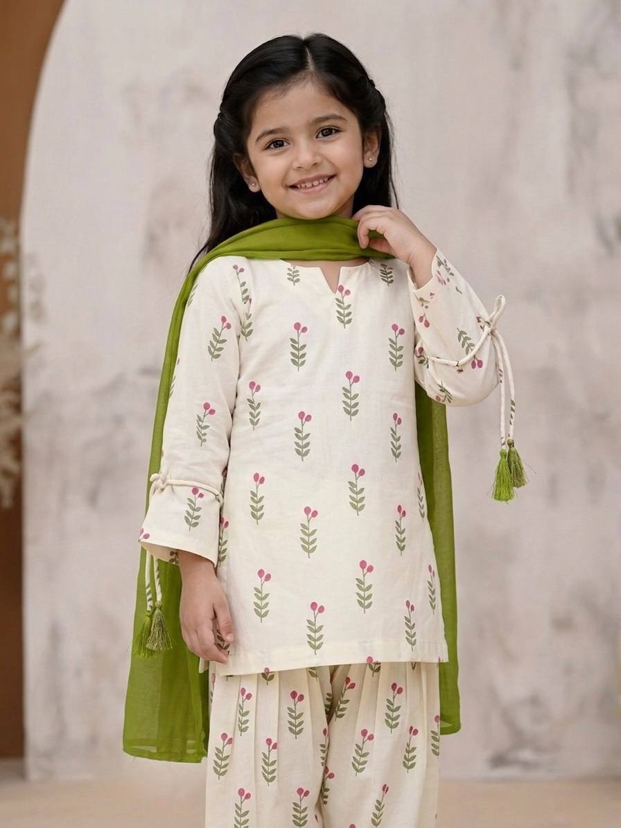 Kids Off-White Cameric Cotton Kurti Farshi Slawar Suit | Ages 6 Months–15 Years