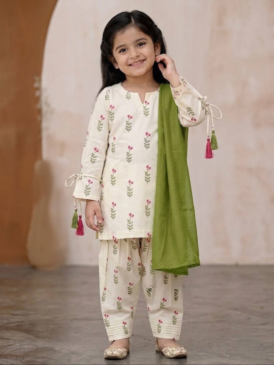 Kids Off-White Cameric Cotton Kurti Farshi Slawar Suit | Ages 6 Months–15 Years