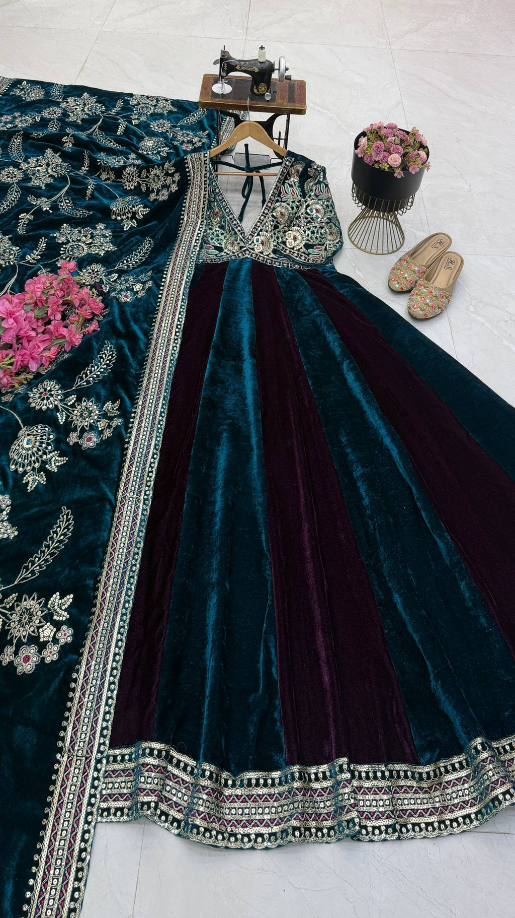 Designer Teal Blue & Wine Velvet Anarkali Gown with Heavy Embroidery and Dupatta