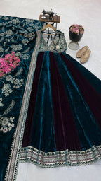 Designer Teal Blue & Wine Velvet Anarkali Gown with Heavy Embroidery and Dupatta