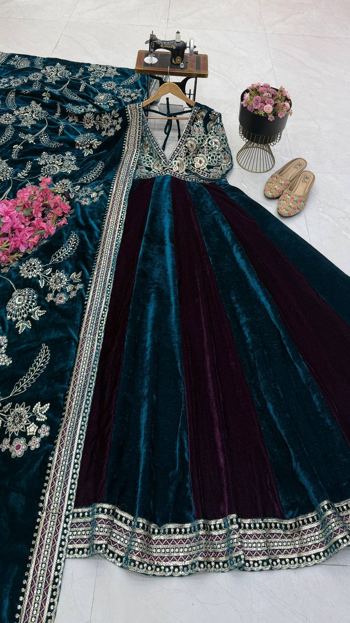 Designer Teal Blue & Wine Velvet Anarkali Gown with Heavy Embroidery and Dupatta