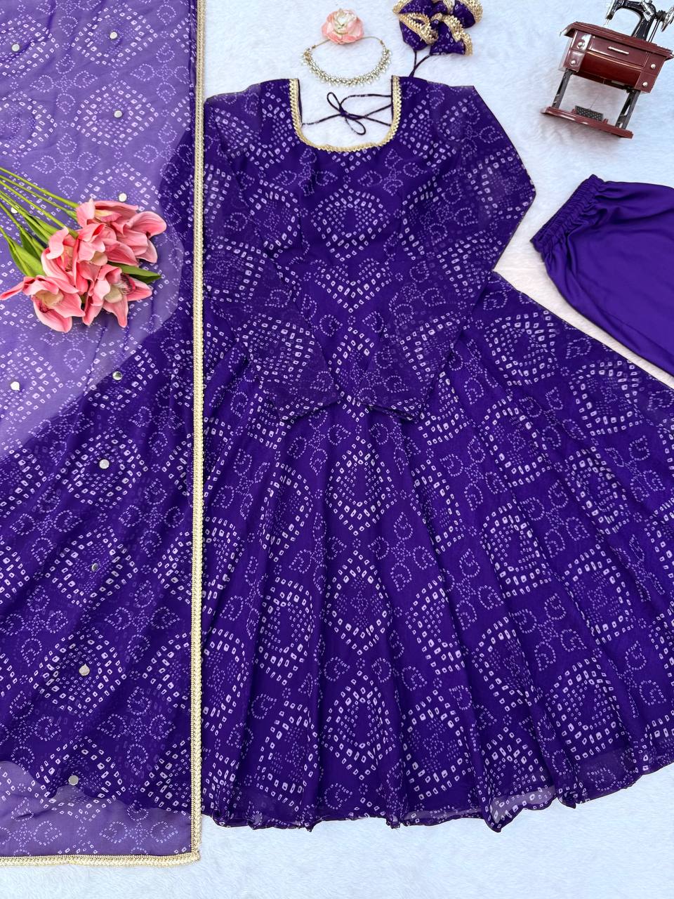 Festive Bandhani Print Anarkali Suit Set with Mirror Work Dupatta – Diwali & Wedding Wear