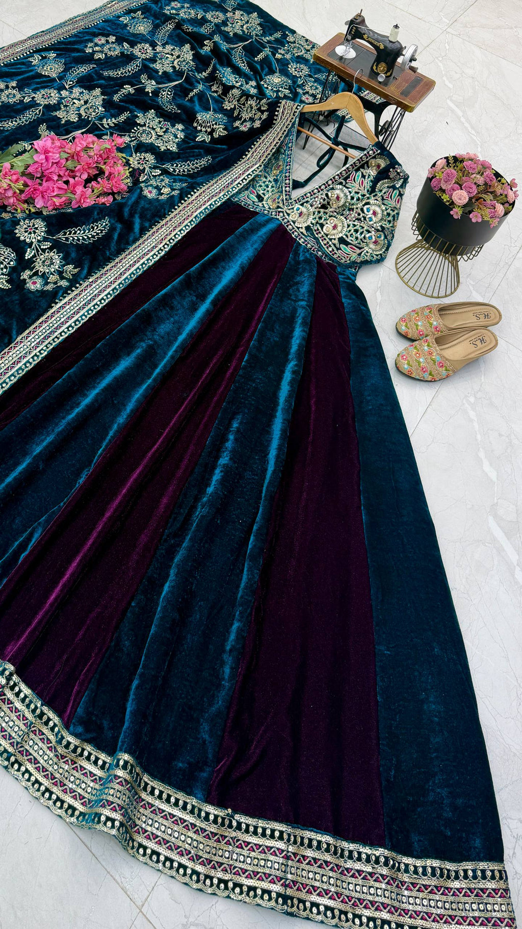 Designer Teal Blue & Wine Velvet Anarkali Gown with Heavy Embroidery and Dupatta