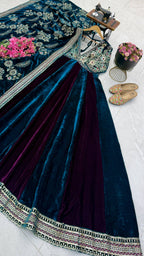 Designer Teal Blue & Wine Velvet Anarkali Gown with Heavy Embroidery and Dupatta