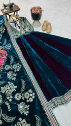 Designer Teal Blue & Wine Velvet Anarkali Gown with Heavy Embroidery and Dupatta