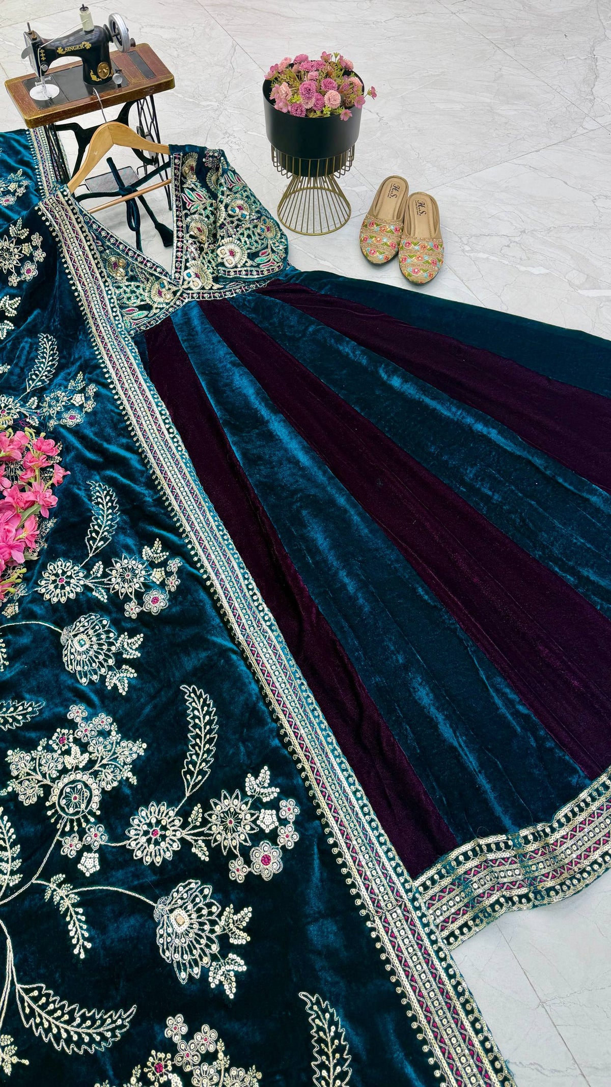 Designer Teal Blue & Wine Velvet Anarkali Gown with Heavy Embroidery and Dupatta