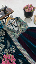 Designer Teal Blue & Wine Velvet Anarkali Gown with Heavy Embroidery and Dupatta