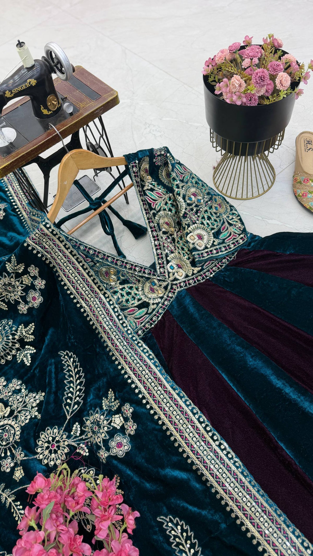 Designer Teal Blue & Wine Velvet Anarkali Gown with Heavy Embroidery and Dupatta