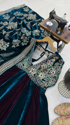 Designer Teal Blue & Wine Velvet Anarkali Gown with Heavy Embroidery and Dupatta