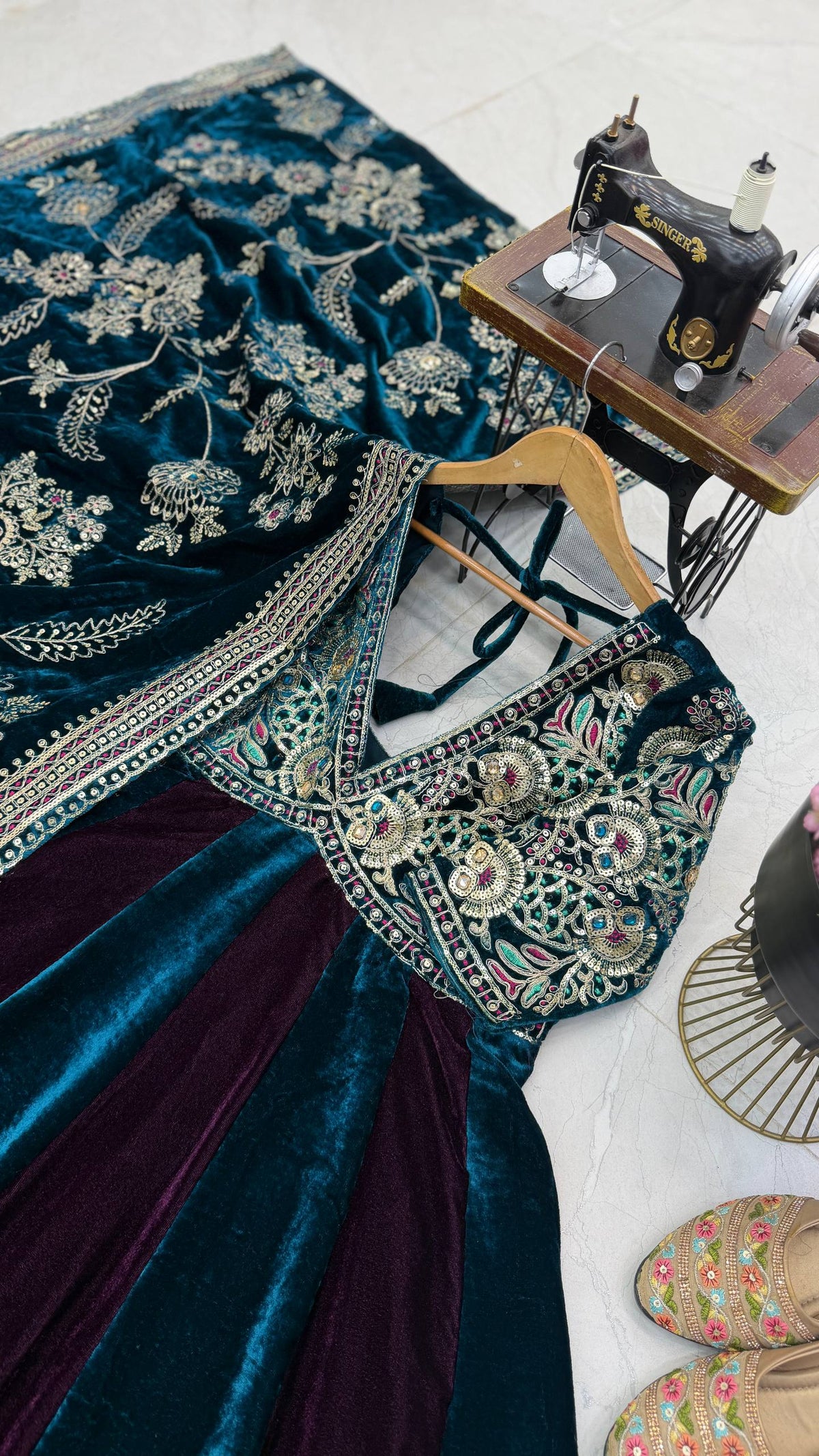 Designer Teal Blue & Wine Velvet Anarkali Gown with Heavy Embroidery and Dupatta
