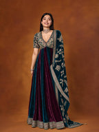 Designer Teal Blue & Wine Velvet Anarkali Gown with Heavy Embroidery and Dupatta