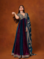 Designer Teal Blue & Wine Velvet Anarkali Gown with Heavy Embroidery and Dupatta