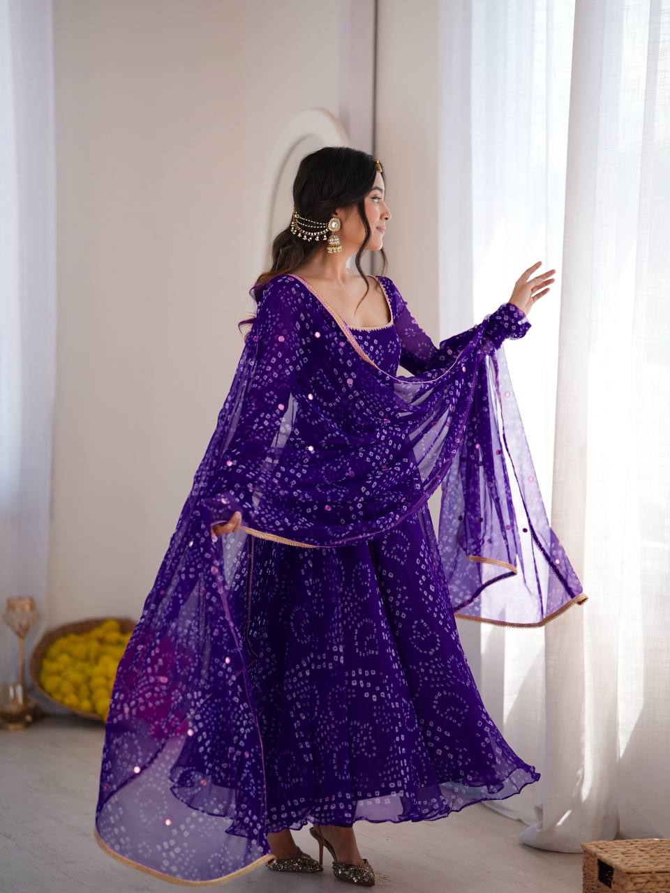 Festive Bandhani Print Anarkali Suit Set with Mirror Work Dupatta – Diwali & Wedding Wear