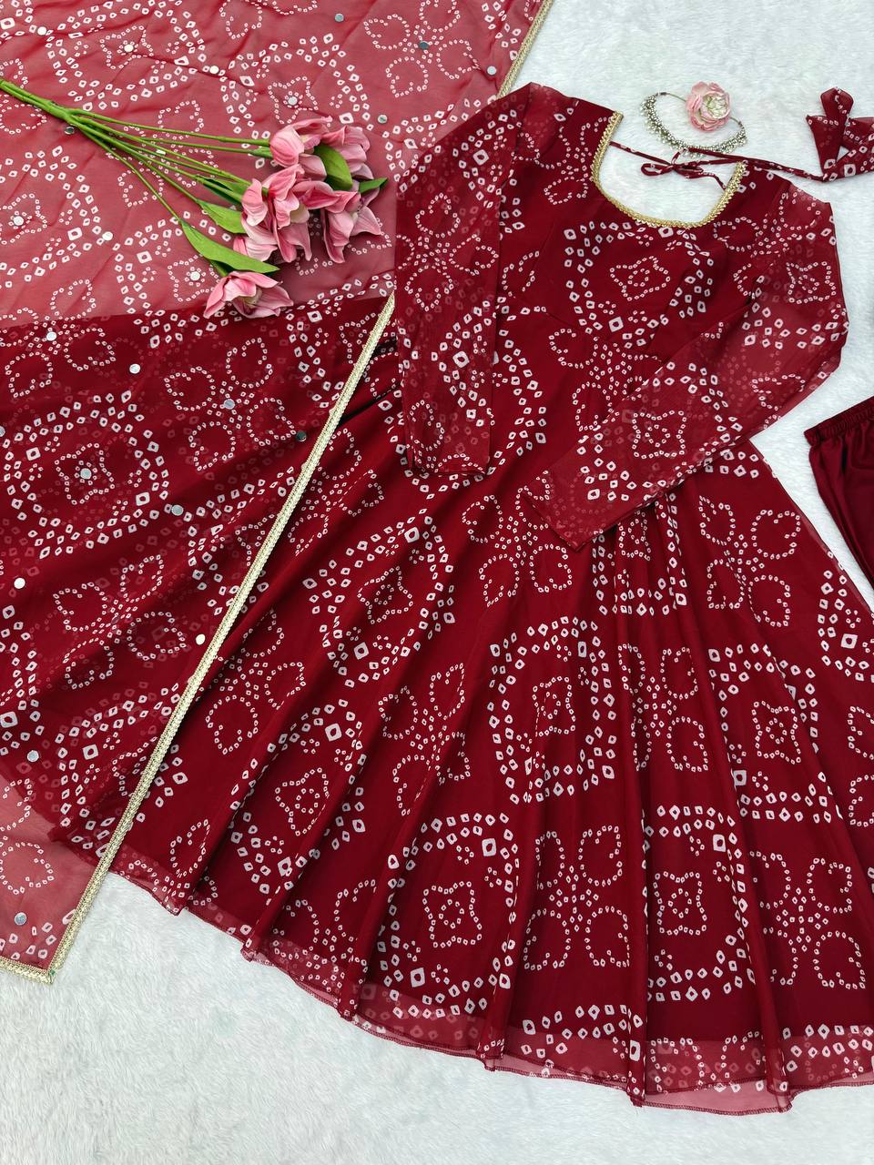 Festive Bandhani Print Anarkali Suit Set with Mirror Work Dupatta – Diwali & Wedding Wear