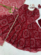 Festive Bandhani Print Anarkali Suit Set with Mirror Work Dupatta – Diwali & Wedding Wear