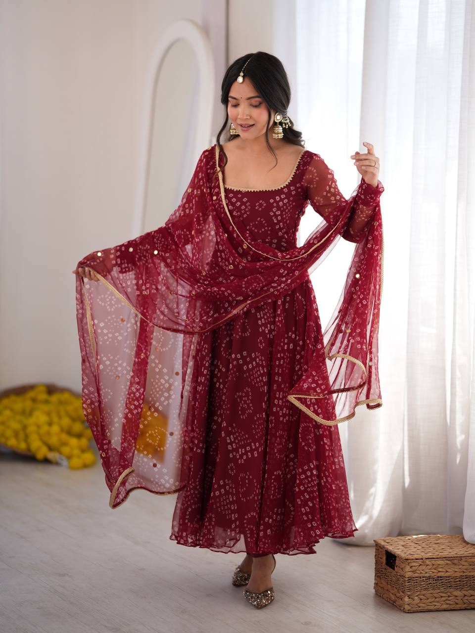 Festive Bandhani Print Anarkali Suit Set with Mirror Work Dupatta – Diwali & Wedding Wear