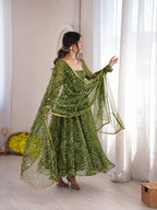 Festive Bandhani Print Anarkali Suit Set with Mirror Work Dupatta – Diwali & Wedding Wear