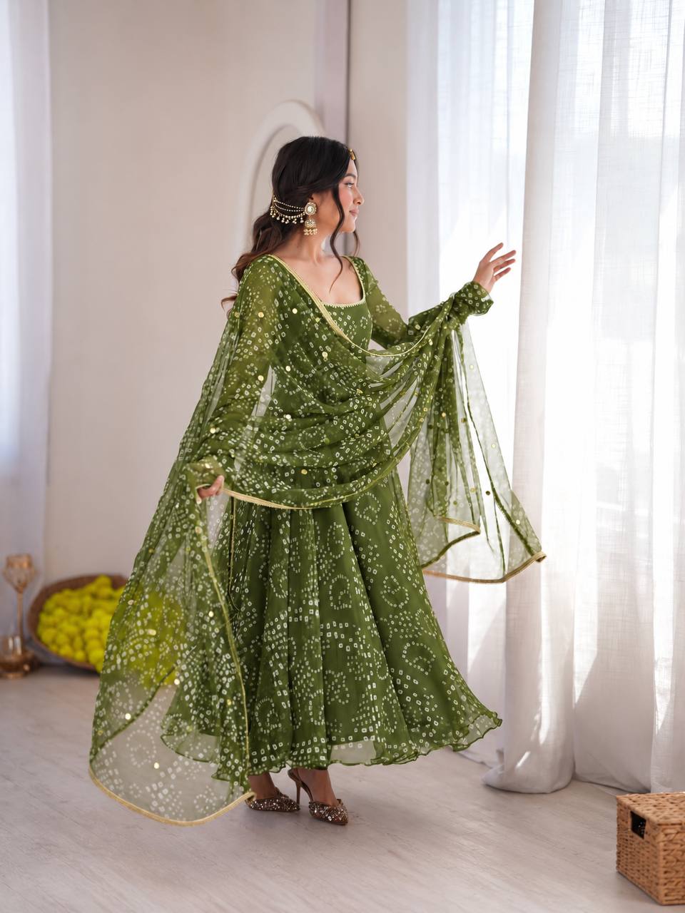 Festive Bandhani Print Anarkali Suit Set with Mirror Work Dupatta – Diwali & Wedding Wear