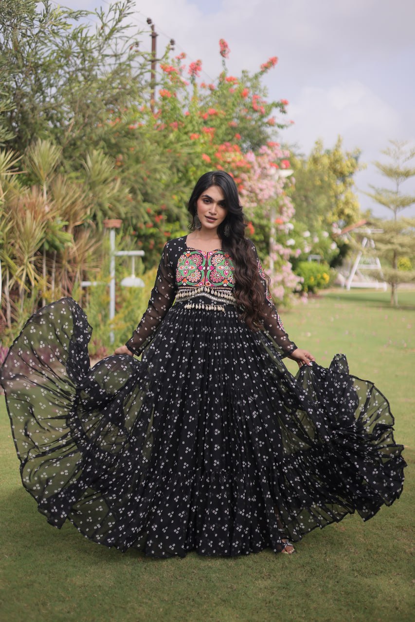 Navratri Georgette Bandhani Print work with Kutchi Patchwork Long Gown For Garba
