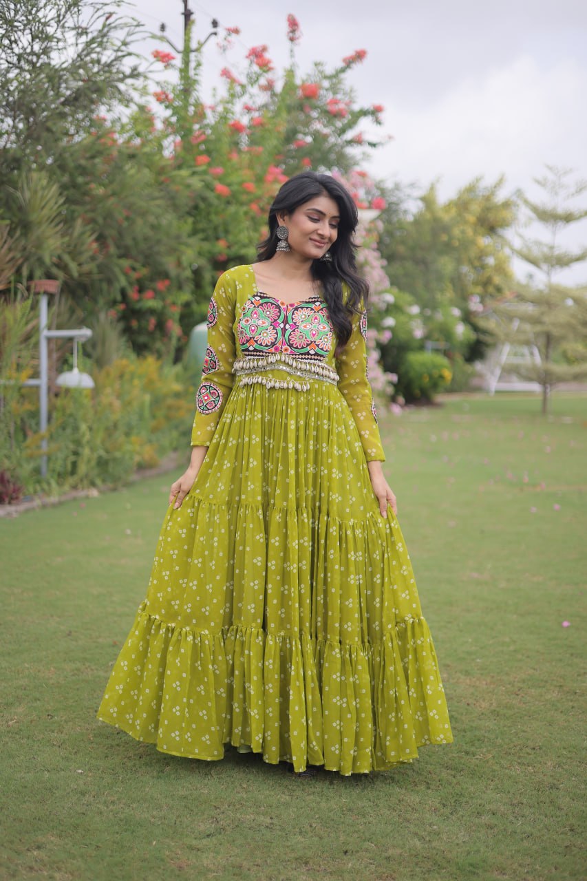 Navratri Georgette Bandhani Print work with Kutchi Patchwork Long Gown For Garba