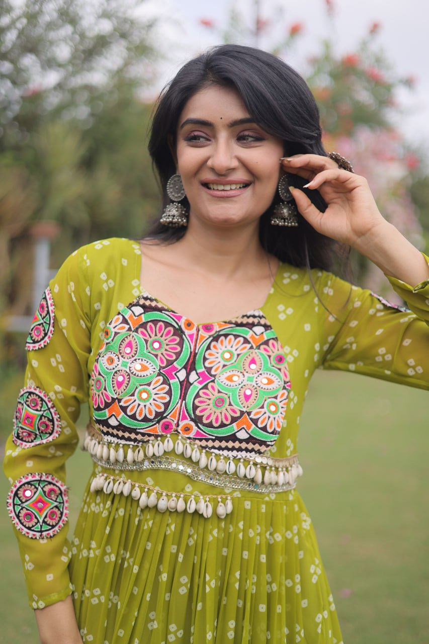 Navratri Georgette Bandhani Print work with Kutchi Patchwork Long Gown For Garba