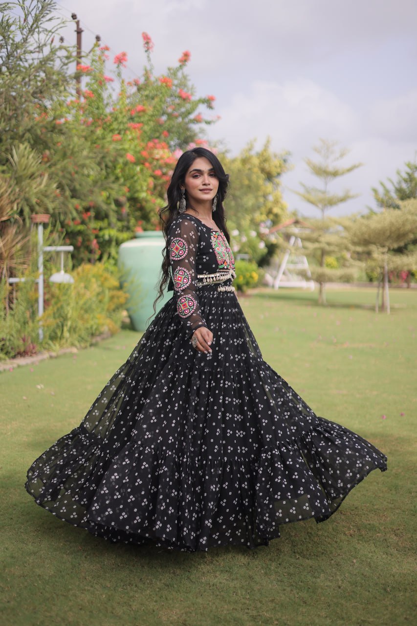 Navratri Georgette Bandhani Print work with Kutchi Patchwork Long Gown For Garba