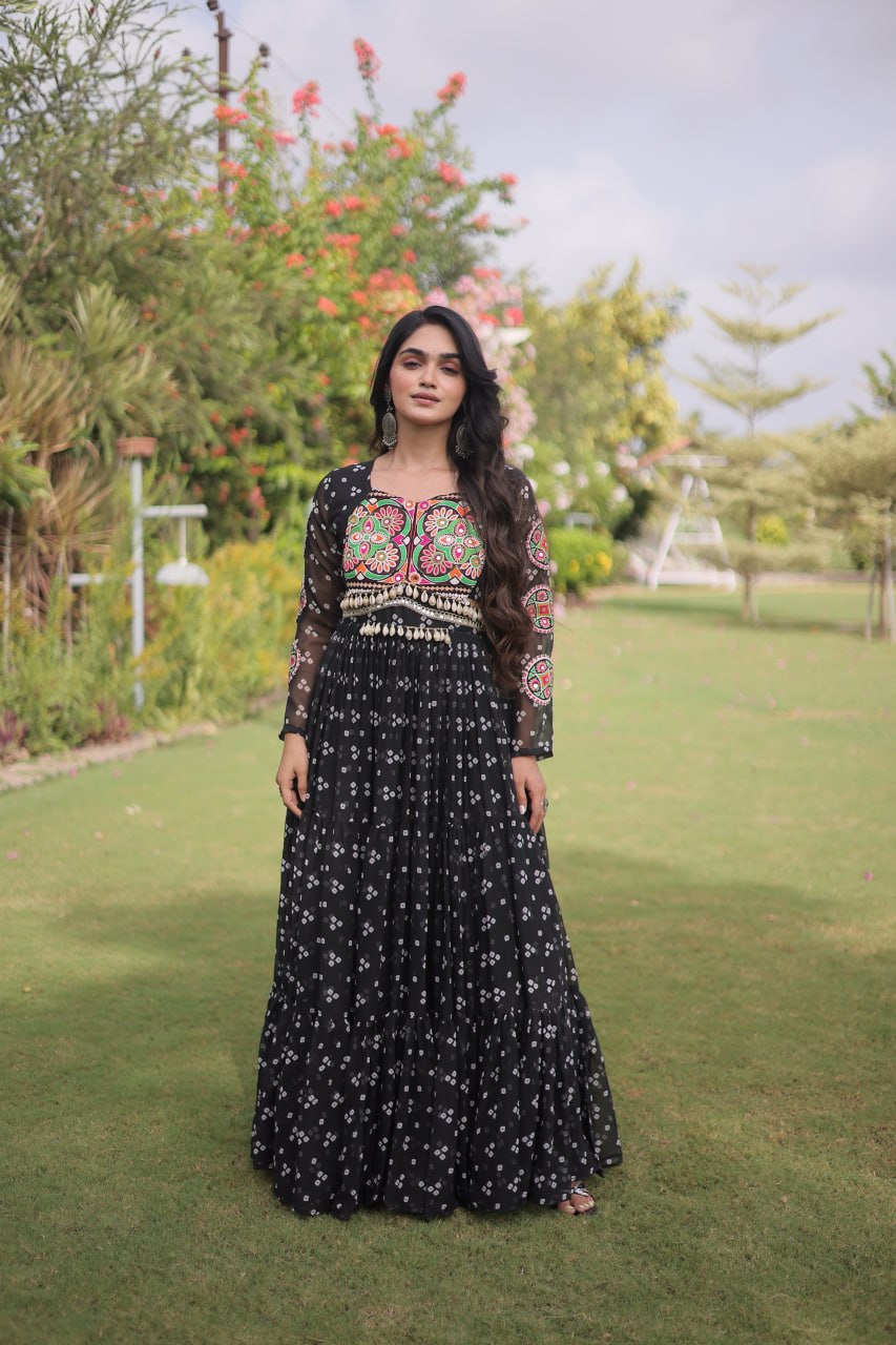 Navratri Georgette Bandhani Print work with Kutchi Patchwork Long Gown For Garba