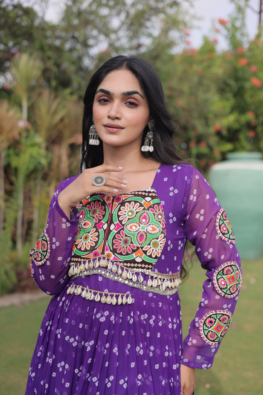 Navratri Georgette Bandhani Print work with Kutchi Patchwork Long Gown For Garba