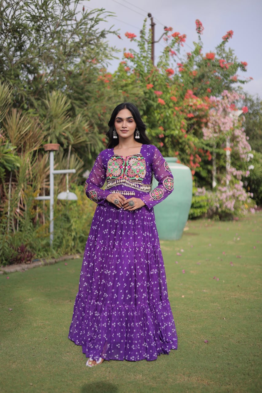 Navratri Georgette Bandhani Print work with Kutchi Patchwork Long Gown For Garba