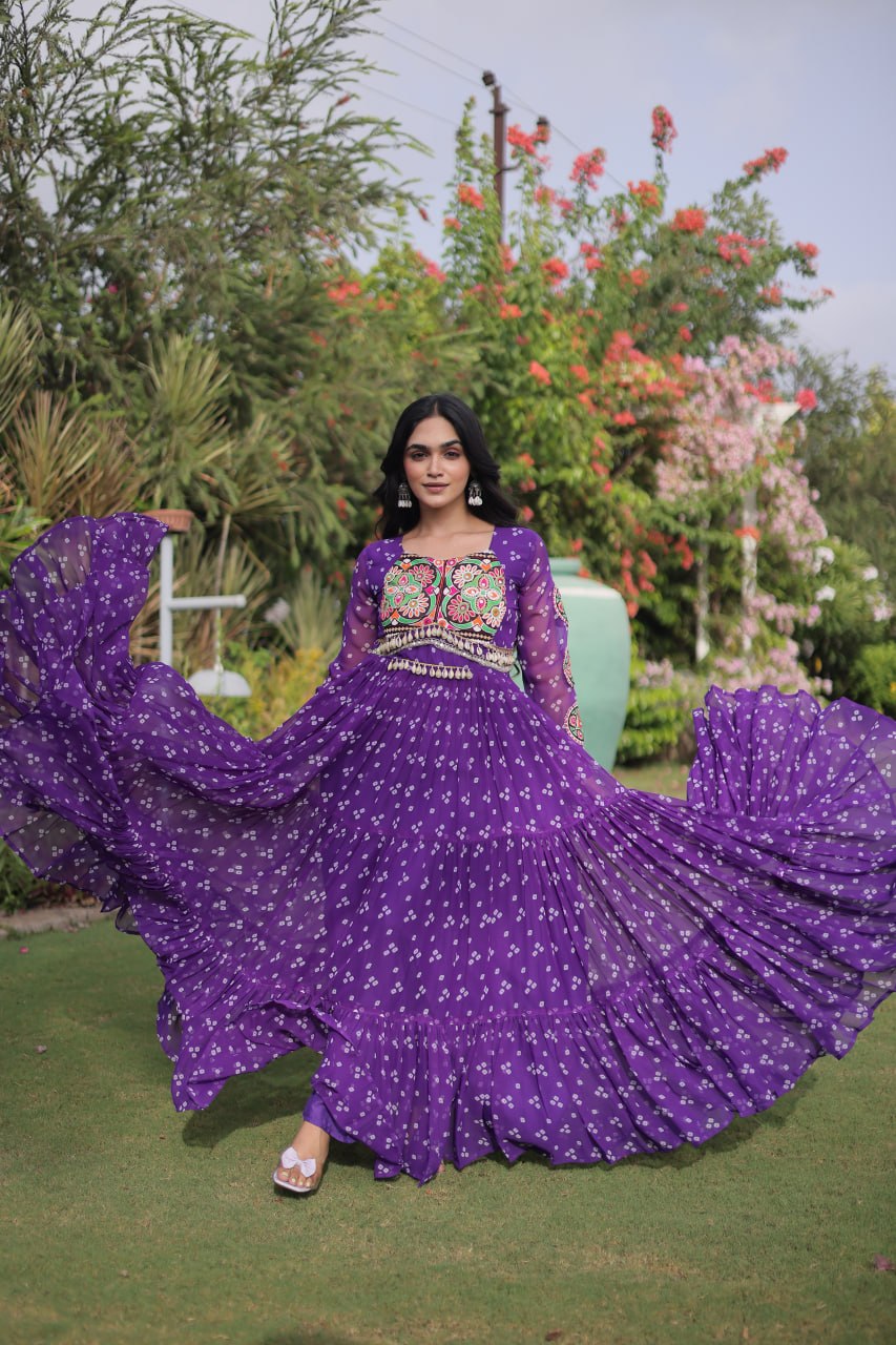 Navratri Georgette Bandhani Print work with Kutchi Patchwork Long Gown For Garba