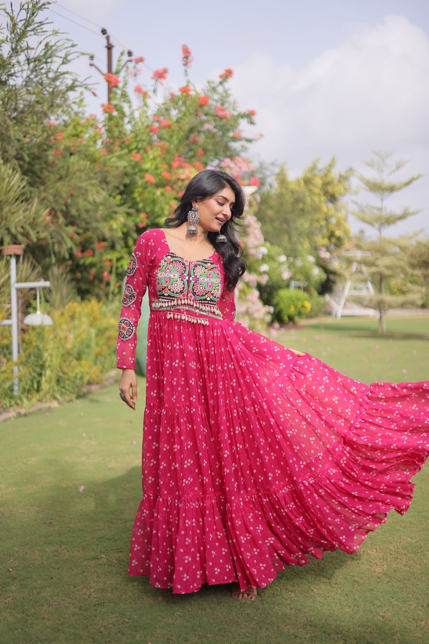 Navratri Georgette Bandhani Print work with Kutchi Patchwork Long Gown For Garba