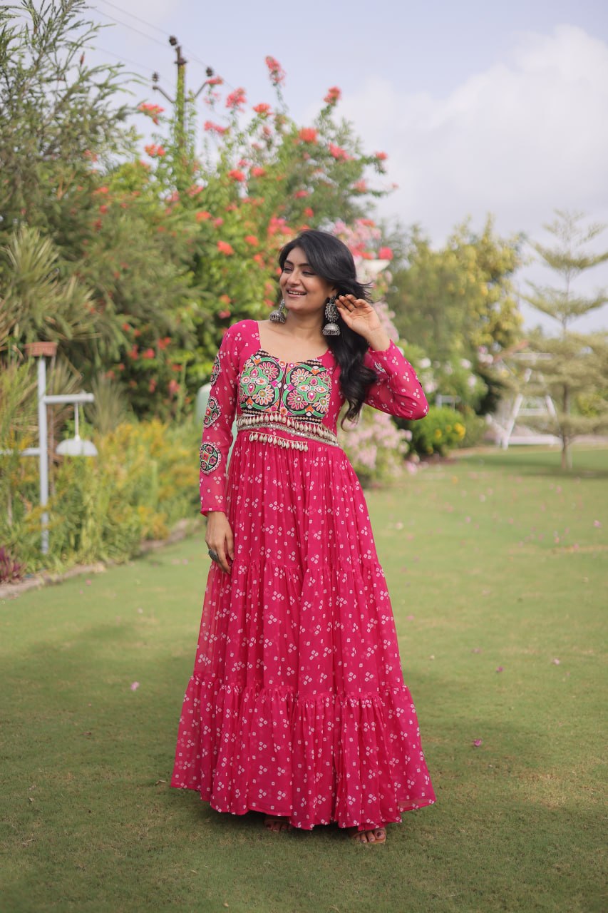 Navratri Georgette Bandhani Print work with Kutchi Patchwork Long Gown For Garba