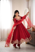Red Embroidered Anarkali Suit Set with Sequin Work & Net Dupatta for Diwali & Karwa Chauth